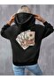 3 İplik Arizona Card Sweatshirt - Black Printed Oversize Embossed Hoodie
