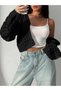Women's Knitwear V-Neck Crop t Sleeve Soft Openwork Buttoned Loose Trendy Knit Cardigan Black - 4