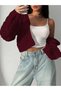 Women's Knitwear V-Neck Short Crop t Sleeve Casual Openwork Buttoned Loose Trendy Knit Cardigan Burgundy - 4