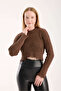 Ripped Brown Knitwear Crop Women's Sweater - 4