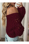 Women's Knitwear V-Neck Short Crop t Sleeve Casual Openwork Buttoned Loose Trendy Knit Cardigan Burgundy - 3