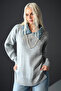 Women's Pearl Embroidered Denim Collar Detailed Gray Sweater”