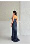 Navy Blue Strapless Waist Detail Sequin Evening Dress - 6