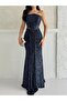 Navy Blue Strapless Waist Detail Sequin Evening Dress - 5