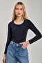 Women's u-neck long sleeve bodysuit - navy blue - 3