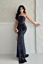 Navy Blue Strapless Waist Detail Sequin Evening Dress