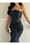 Navy Blue Strapless Waist Detail Sequin Evening Dress - 4