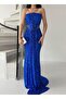 Cobalt Blue Strapless Waist Detailed Sequin Evening Dress - 5