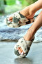 Women's Water Green Patterned Plush Cross House Slippers - 2