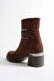 Ravena Women's Brown Suede Zippered Thick Heeled Boots with Metal Accessories (6 cm) - 4