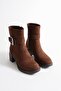 Ravena Women's Brown Suede Zippered Thick Heeled Boots with Metal Accessories (6 cm) - 3