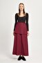 Women's Burgundy False Belted Poplin Long Skirt 30021 - 4