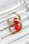 Brass Gold Color Hoop Model Red Bead Detail Women's Earrings -