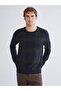 Navy Blue Crew Neck Long Sleeve Plaid Men's Knitwear Sweater - 2