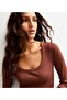 Women's Brown Long Sleeve, Deep Pool Neck Blouse, Ribbed Camisole Fabric - 3