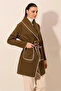Women's Brown Embroidery Detailed Belted Waist Unlined Buttonless Cashmere Coat Hzl24W-Bd191301 - 4