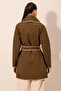 Women's Brown Embroidery Detailed Belted Waist Unlined Buttonless Cashmere Coat Hzl24W-Bd191301 - 6