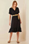 Women's Black Shirt Collar Buttoned Straw Belted Ayrobin Dress Hzl22S-Bd122921 - 3