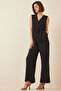 Women's Black Elastic Waist Deep Double Breasted V-Neck Belted Knitted Jumpsuit Hzl22S-Bd170211