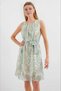 Green Cream Patterned Chiffon Dress - Belted, Elastic Waist, Zero Sleeve Hzl24s-bd 125011 - 2