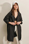 Women's Black Belted Pocket Lined Double Breasted Collar Short Trench Coat HZL23W-BD191041 - 2