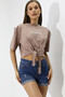 Women's Beige Text Printed Oversize Padded Waist Detail Knitted T-Shirt HZL23S-DSB120231