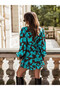 Women's Blue Black Crew Neck Printed Belted Elastic Waist Mini Dress HZL24S-FRY121361 - 2