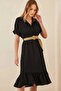 Women's Black Shirt Collar Buttoned Straw Belted Ayrobin Dress Hzl22S-Bd122921 - 2