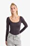 U Neck Long Sleeve Snap Fastener Bodysuit F8042Ax25Au - 5