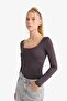 U Neck Long Sleeve Snap Fastener Bodysuit F8042Ax25Au - 6