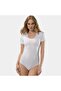Women's U-Neck Short Sleeve Cotton Bodysuit with Snap Fasteners 299/White