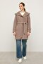 Hooded Punto Stitch Detailed Coat Mink 3102 - 5