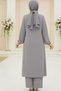 FLUFRU SET Gray Ruffle Detailed Hijab Suit Aerobin Fabric Stone Embroidered - 4