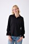 Women's Black Drawstring Sleeve Lace Collar Detailed Woven Shirt - 2