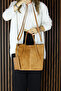 Tan Genuine Cowhide Suede Magnetic Closure Inner Pocket Strap Daily Large Size Shoulder Bag and Wallet - 4