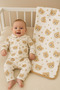 Corded Fabric (3 Pieces) Teddy Bear Pattern Swaddled Baby Set