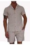 Beige Linen Relaxed Fit Short Sleeve Loose Lapel Collar Summer Shirt Shorts Set