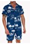 Blue Palm Tree Relaxed Fit Short Sleeve Loose Lapel Collar Summer Shirt Shorts Set