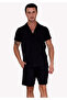 Black Linen Relaxed Fit Short Sleeve Loose Lapel Collar Summer Shirt Shorts Set - 2