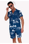 Blue Palm Tree Relaxed Fit Short Sleeve Loose Lapel Collar Summer Shirt Shorts Set - 3