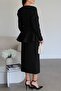 Black Ruffle Detailed Jacket and Midi Skirt Bottom Top Premium Tweed Suit - 5