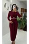 Low Waist Front Slit Long Sleeve Knitted Crepe Dress - 4