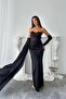 Sheer and Sleeve Detail Embellished Elegant Satin Design Evening Dress - 3
