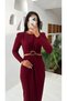 Low Waist Front Slit Long Sleeve Knitted Crepe Dress - 3