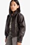 Waterproof Zippered Faux Leather Coat Jacket with Snap Pockets for Girls D6925A825Sp - 4