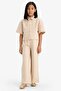 Wide Leg Beige Cotton Elastic Waist Wrinkled Textured Pants for Girls E1103A825Sp - 4