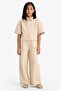 Wide Leg Beige Cotton Elastic Waist Wrinkled Textured Pants for Girls E1103A825Sp - 2