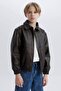 Boy's Waterproof Polo Collar Zippered Faux Leather Coat Jacket D5912A825Sp - 3