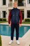 Navy Blue Burgundy Stand Collar Tracksuit Set Parachute Fabric Detailed Zippered Pocket Straight Leg Men's - 2