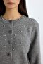 Regular Fit Crew Neck Buttoned Rhinestone Knitwear Cardigan E0772Ax24Wn - 6
